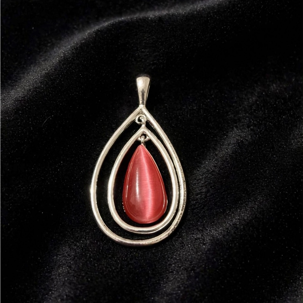 Silver Teardrop Pendant with Red Cat's Eye Stone
